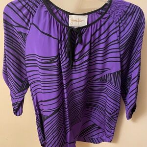 Yumi Kim Purple and Black Graphic 3/4 Sleeve Blouse 100% Silk